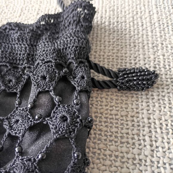 Knitted Lace Black Drawstring Pouch with beads Small Evening Purse Elegant | NEW - Picture 3 of 7